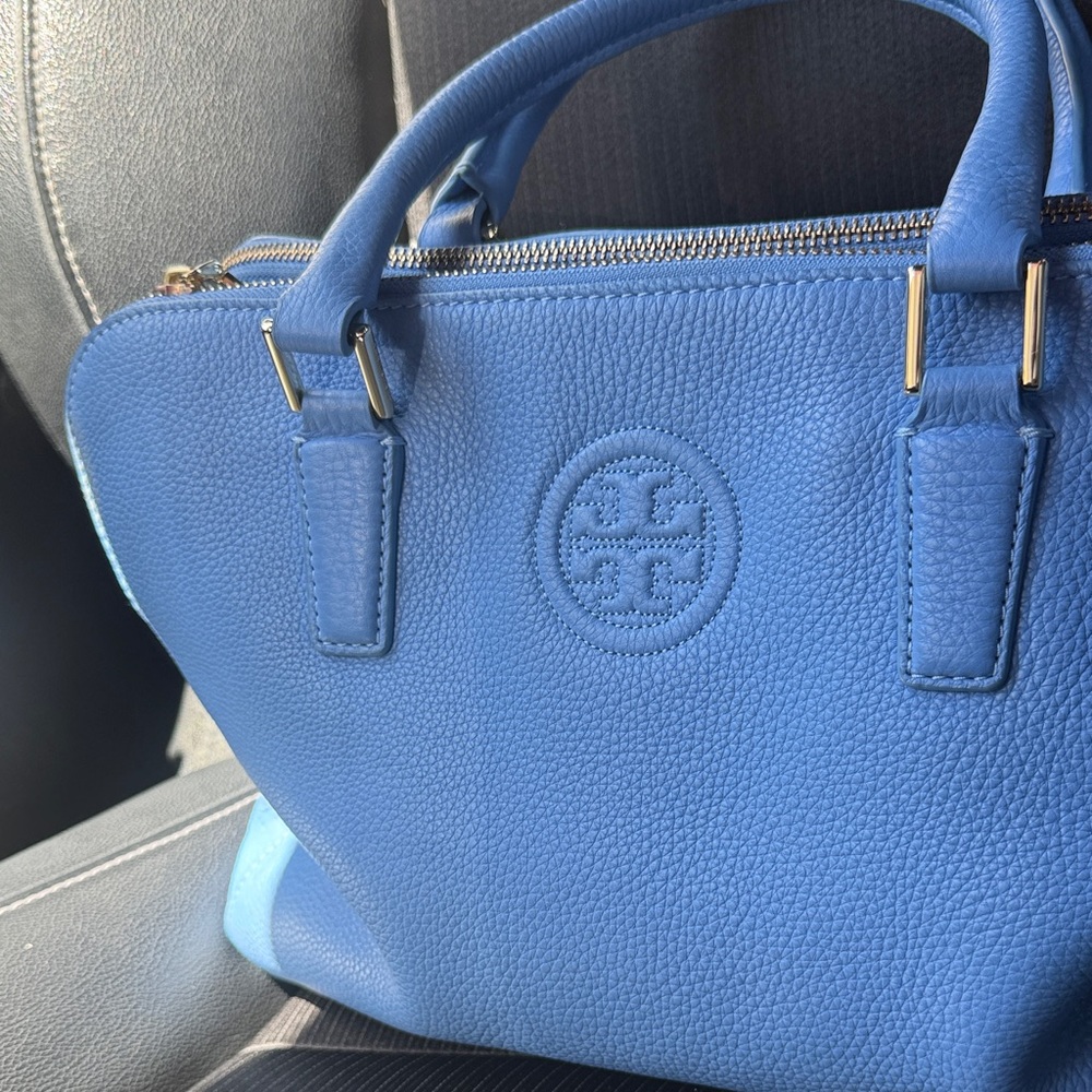 Tory Burch Blue Satchel Pebbled Leather